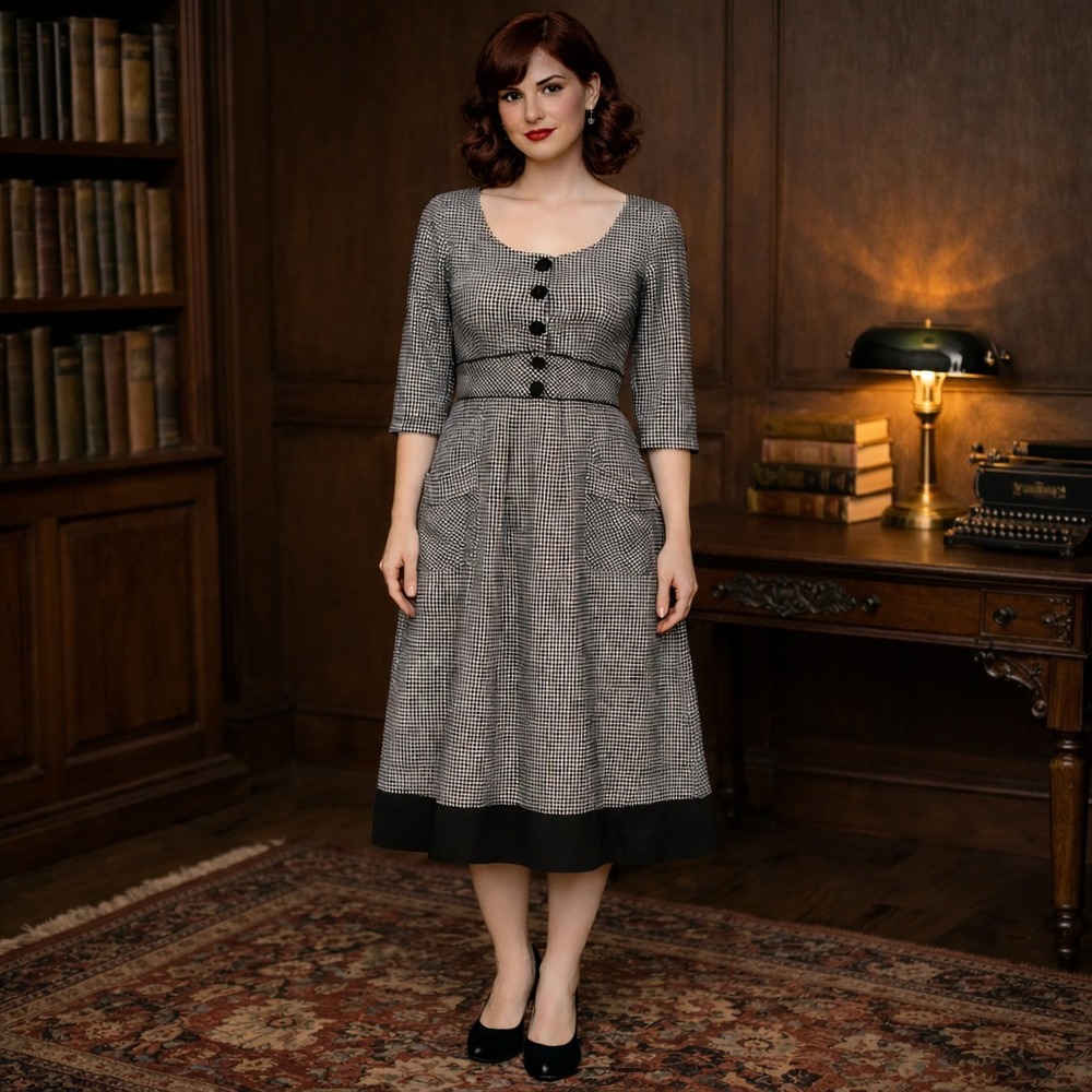 eShakti Custom Houndstooth 1940s Day Dress Compares to‎ Sz 4 Small Dark Academia
